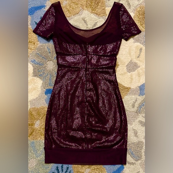 NWT BCBGMaxAzria Short Sleeve Barlow Micro Sequin Illusion Mini Dress Mullberry - Picture 7 of 11